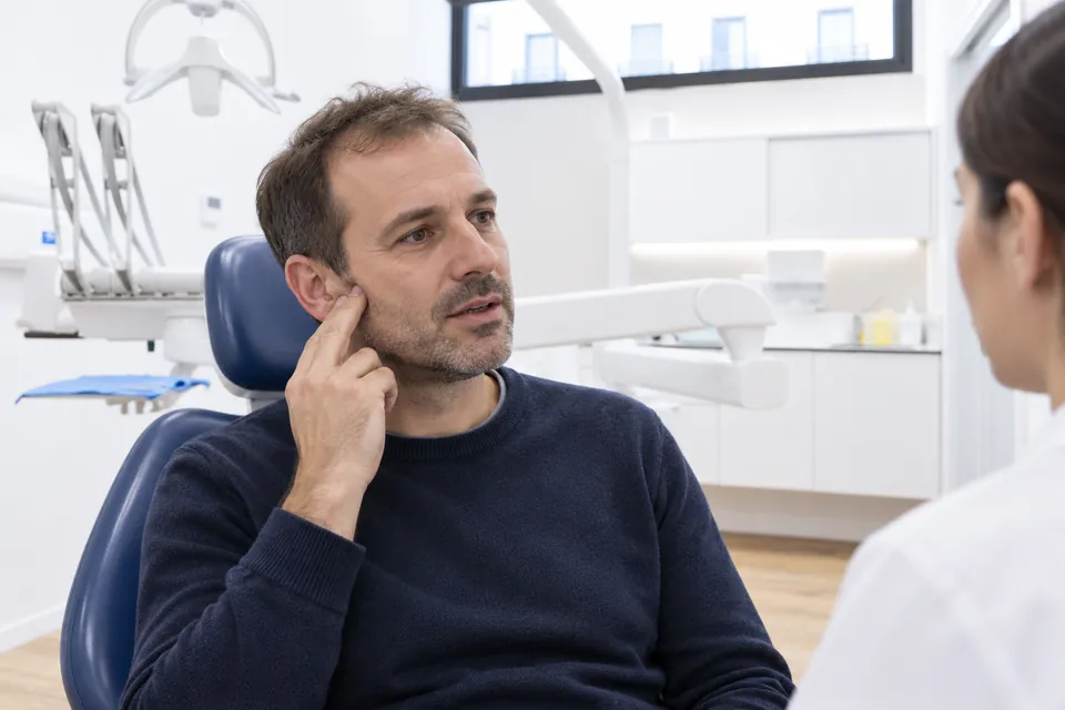 Paciente señalando molestias en la articulación mandibular