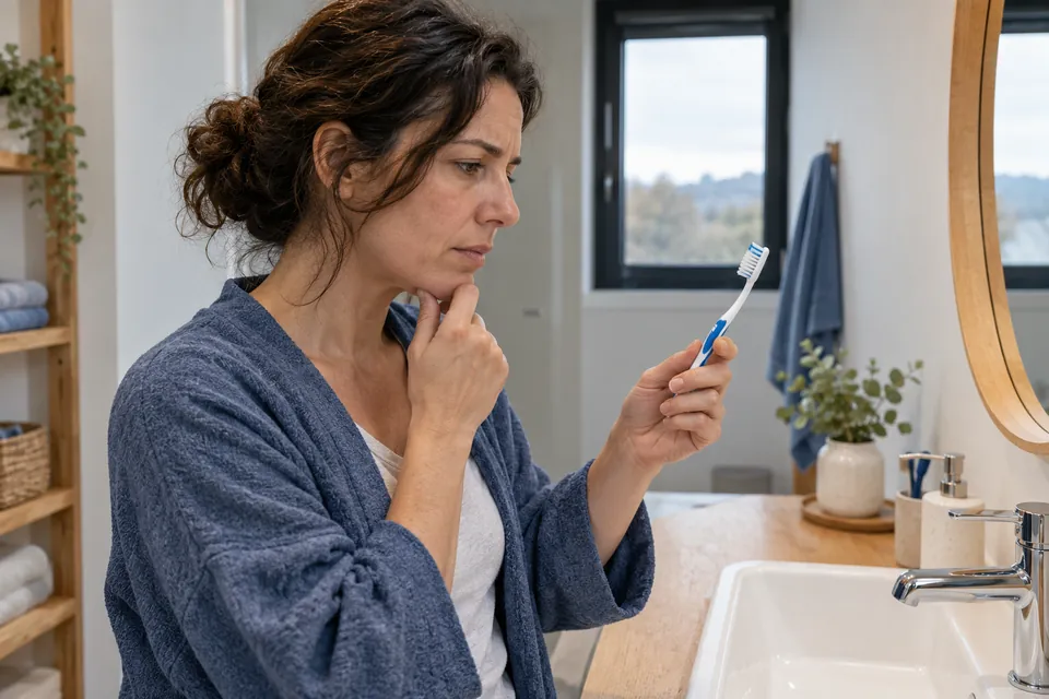 Mujer revisando su cepillo durante la higiene diaria