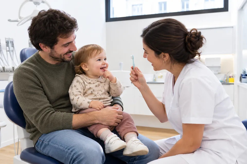 Un padre acompaña a su bebé en una primera visita dental