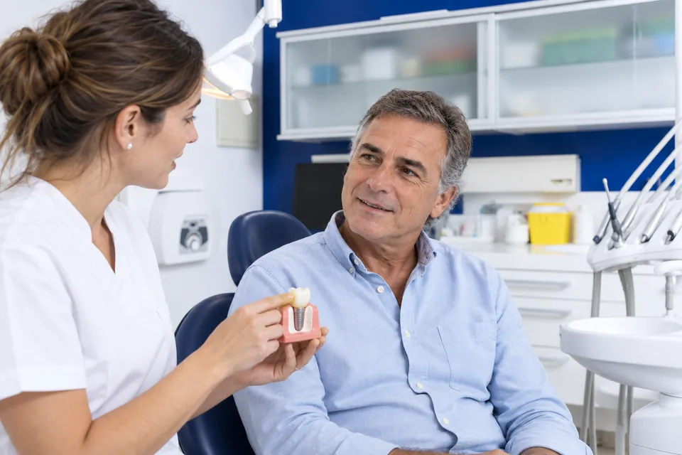Explicación de un implante dental con un modelo de demostración