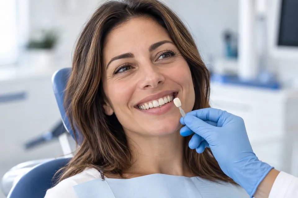 Imagen ilustrativa de una valoración del color dental con una guía de tonos