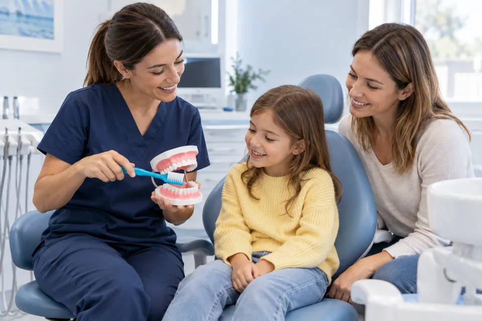 Imagen ilustrativa de una visita infantil de familiarización con el dentista y su madre